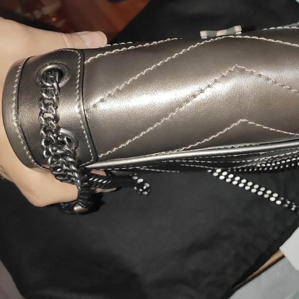 SAINT LAURENT Baby Niki Quilted Metallic Silver Leather Shoulder Bag